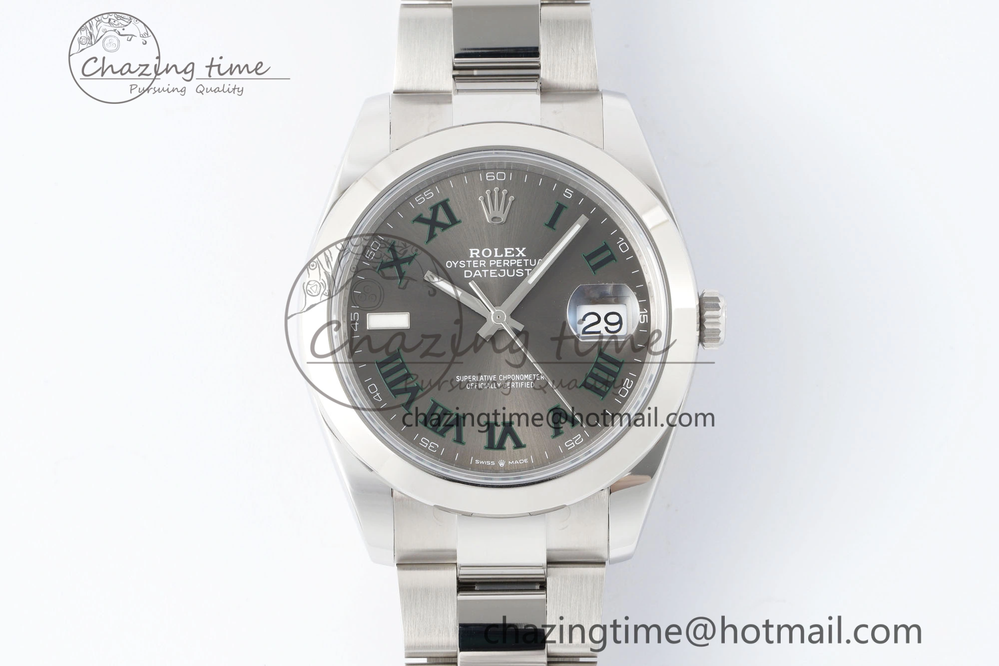 Sleek DateJust 41 SS Polished Bezel KING 1:1 Best Edition 904L Steel Gray Dial Green Roman on Oyster Bracelet VR 2163