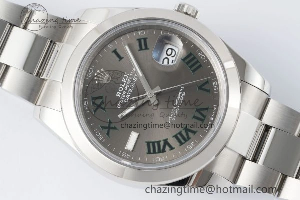 Sleek DateJust 41 SS Polished Bezel KING 1:1 Best Edition 904L Steel Gray Dial Green Roman on Oyster Bracelet VR 2163