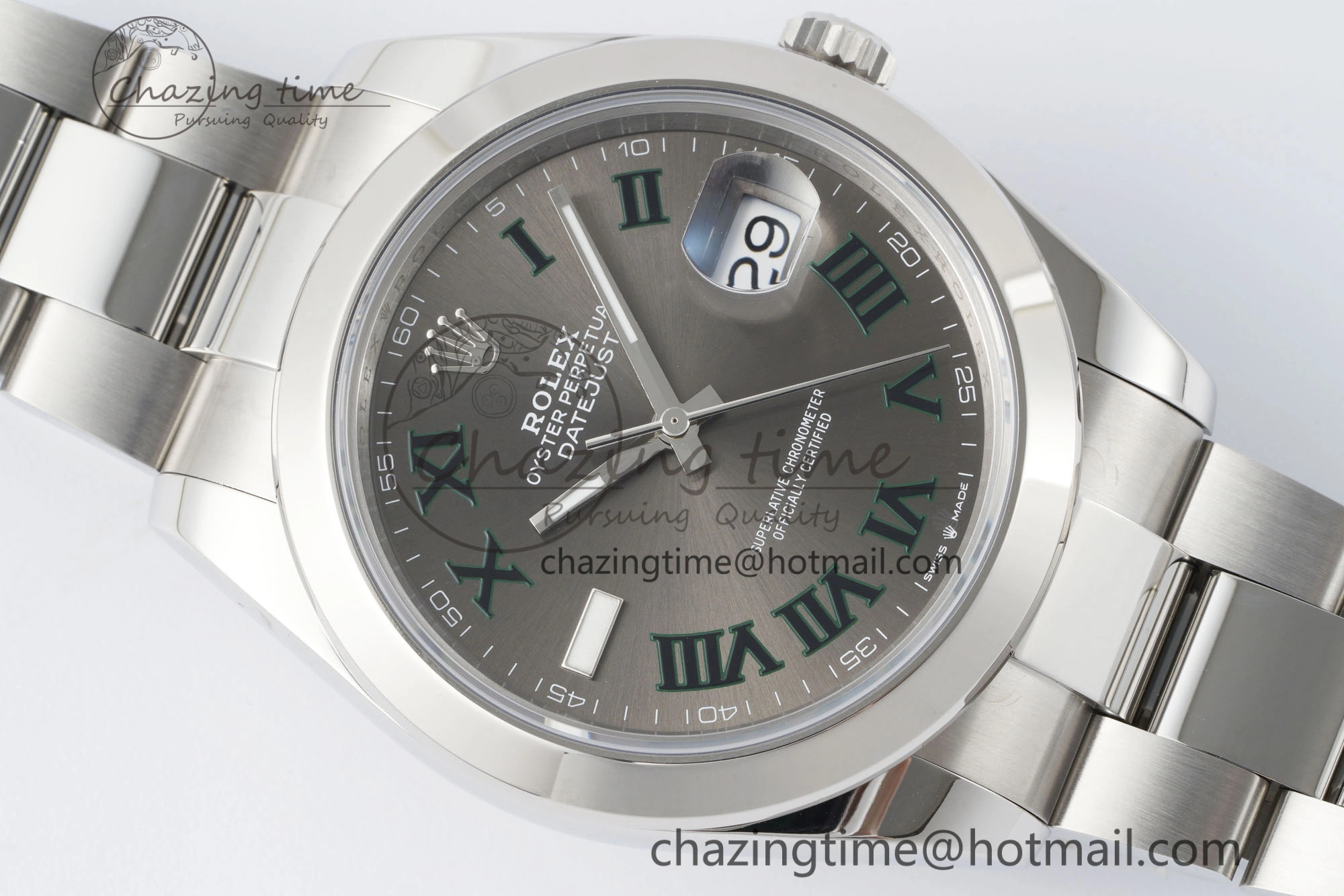 Sleek DateJust 41 SS Polished Bezel KING 1:1 Best Edition 904L Steel Gray Dial Green Roman on Oyster Bracelet VR 2163
