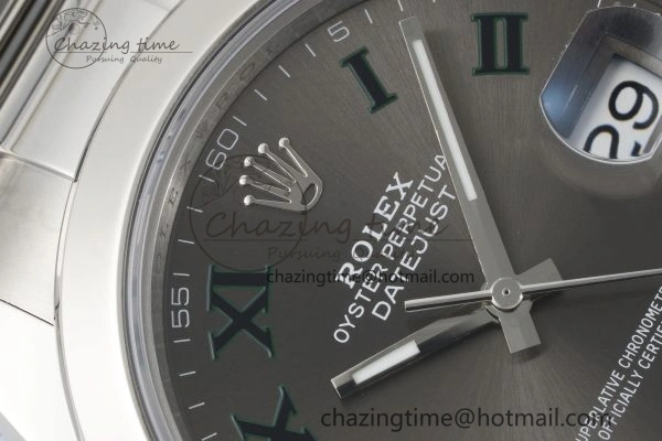Sleek DateJust 41 SS Polished Bezel KING 1:1 Best Edition 904L Steel Gray Dial Green Roman on Oyster Bracelet VR 2163