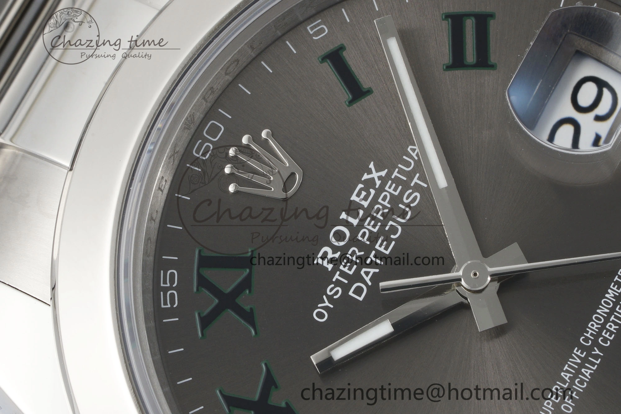 Sleek DateJust 41 SS Polished Bezel KING 1:1 Best Edition 904L Steel Gray Dial Green Roman on Oyster Bracelet VR 2163