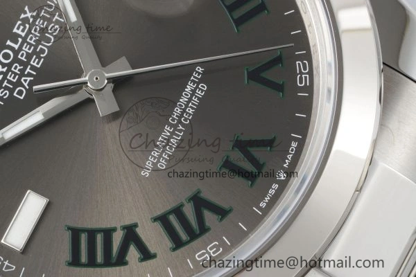 Sleek DateJust 41 SS Polished Bezel KING 1:1 Best Edition 904L Steel Gray Dial Green Roman on Oyster Bracelet VR 2163