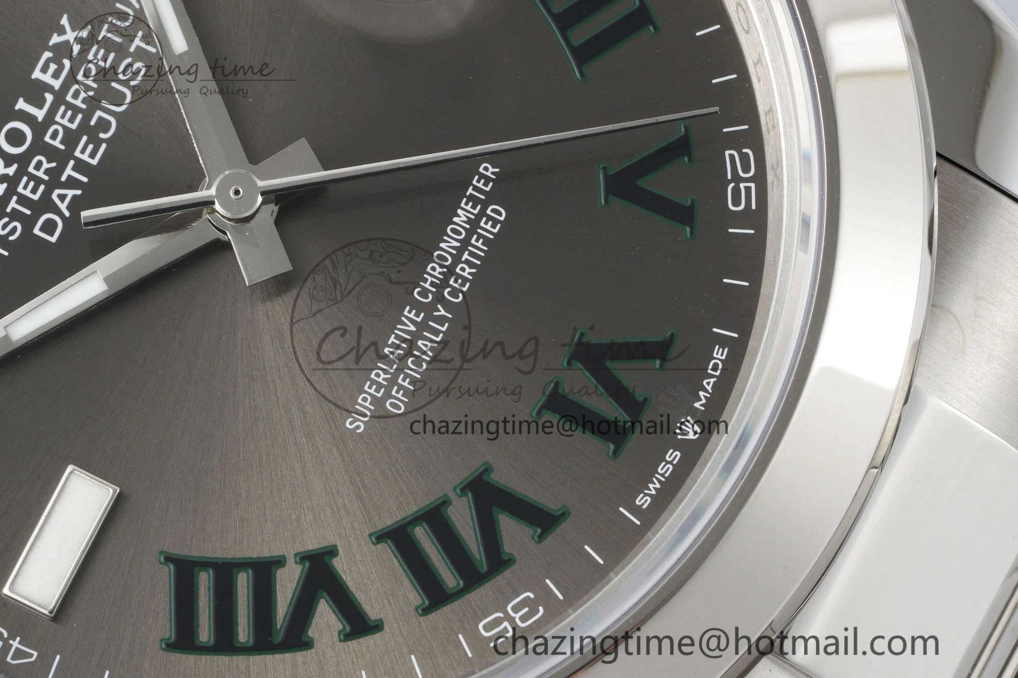 Sleek DateJust 41 SS Polished Bezel KING 1:1 Best Edition 904L Steel Gray Dial Green Roman on Oyster Bracelet VR 2163