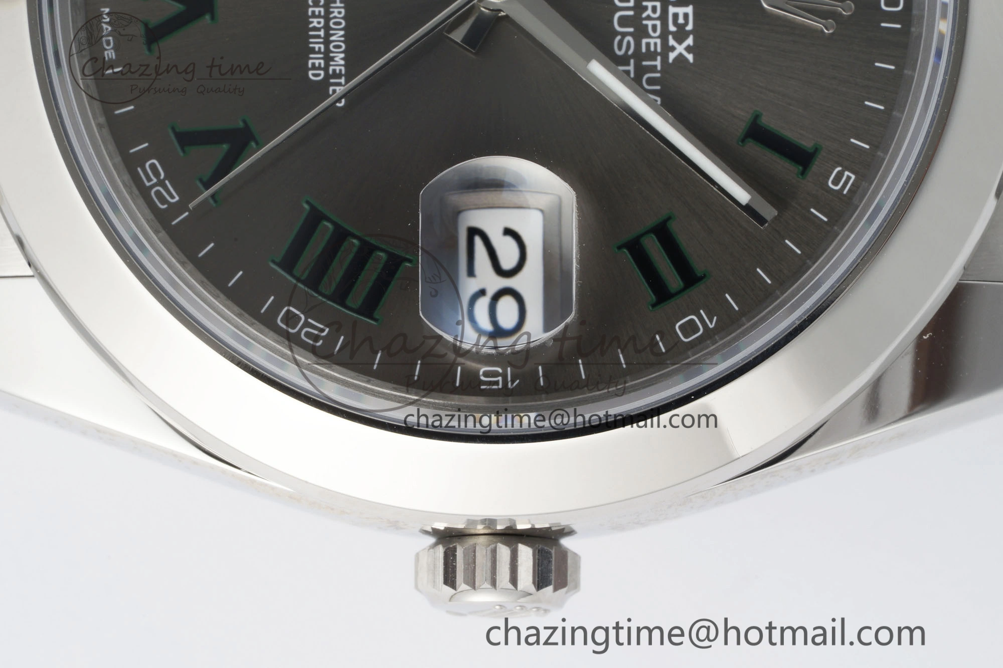 Sleek DateJust 41 SS Polished Bezel KING 1:1 Best Edition 904L Steel Gray Dial Green Roman on Oyster Bracelet VR 2163