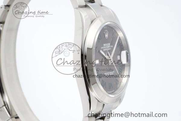 Sleek DateJust 41 SS Polished Bezel KING 1:1 Best Edition 904L Steel Gray Dial Green Roman on Oyster Bracelet VR 2163