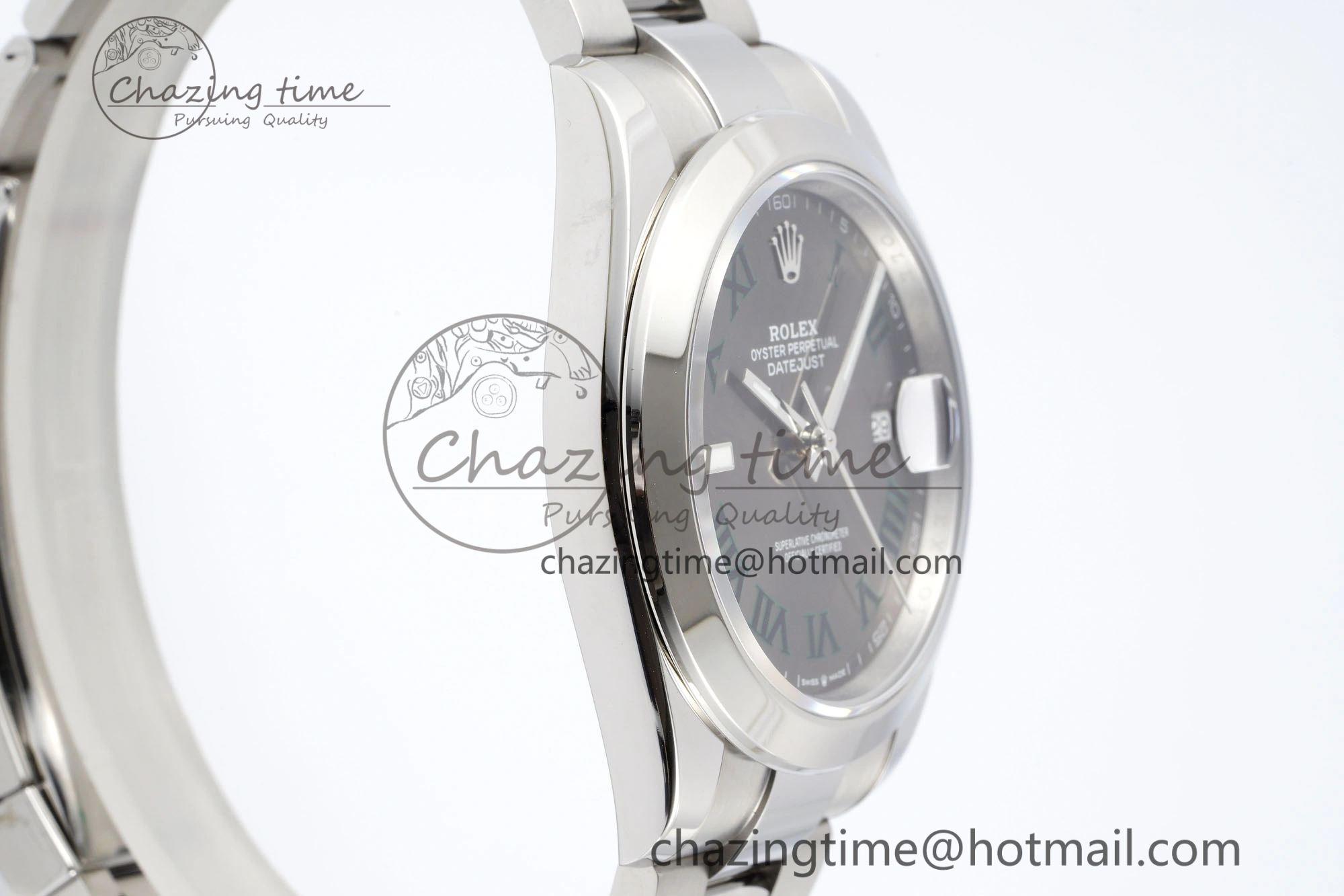 Sleek DateJust 41 SS Polished Bezel KING 1:1 Best Edition 904L Steel Gray Dial Green Roman on Oyster Bracelet VR 2163