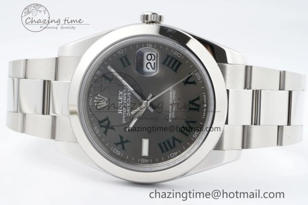 Sleek DateJust 41 SS Polished Bezel KING 1:1 Best Edition 904L Steel Gray Dial Green Roman on Oyster Bracelet VR 2163