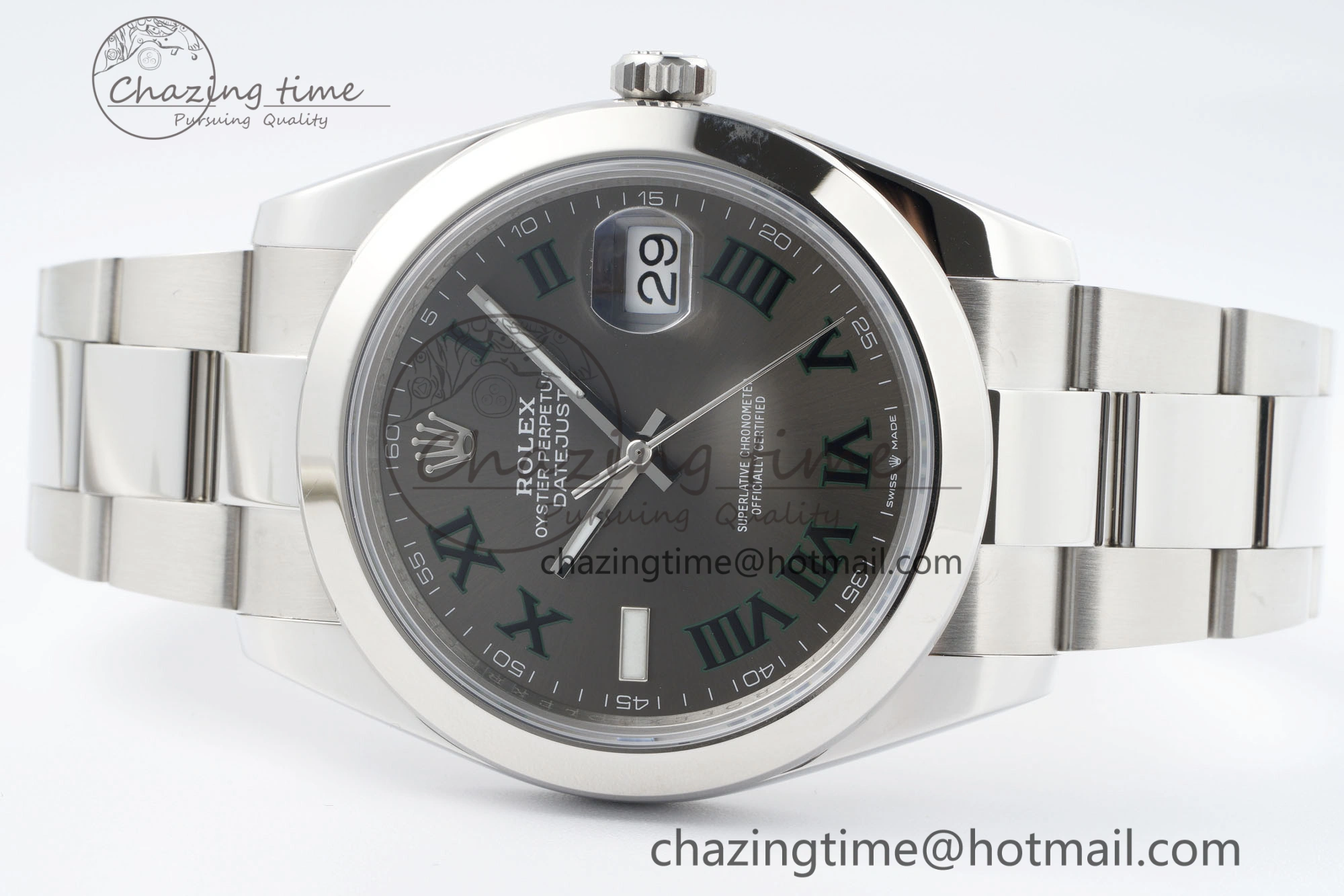 Sleek DateJust 41 SS Polished Bezel KING 1:1 Best Edition 904L Steel Gray Dial Green Roman on Oyster Bracelet VR 2163