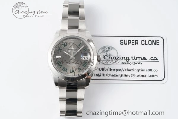 Sleek DateJust 41 SS Polished Bezel KING 1:1 Best Edition 904L Steel Gray Dial Green Roman on Oyster Bracelet VR 2163