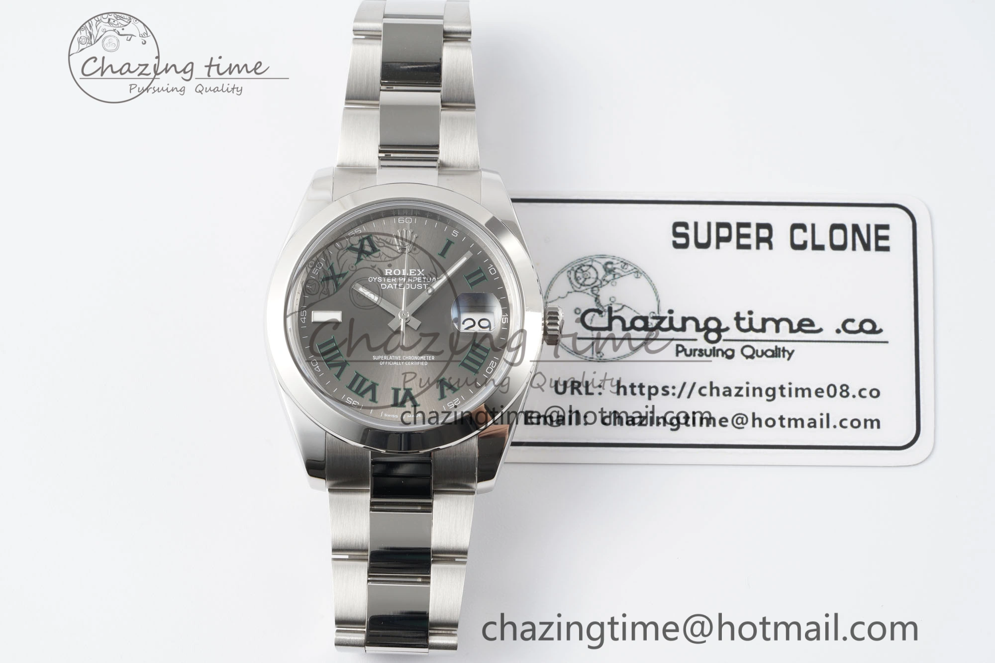 Sleek DateJust 41 SS Polished Bezel KING 1:1 Best Edition 904L Steel Gray Dial Green Roman on Oyster Bracelet VR 2163