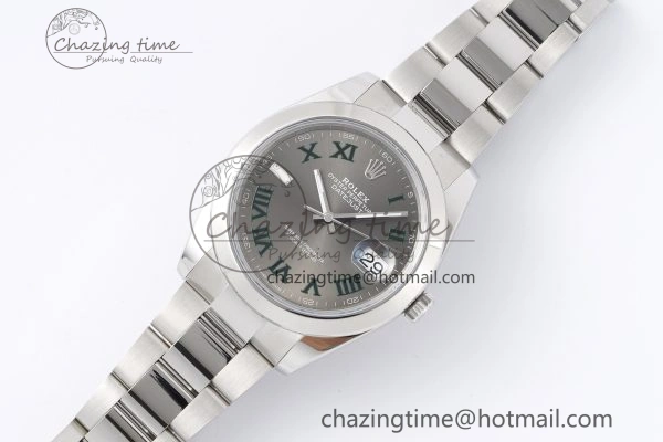 Sleek DateJust 41 SS Polished Bezel KING 1:1 Best Edition 904L Steel Gray Dial Green Roman on Oyster Bracelet VR 2163