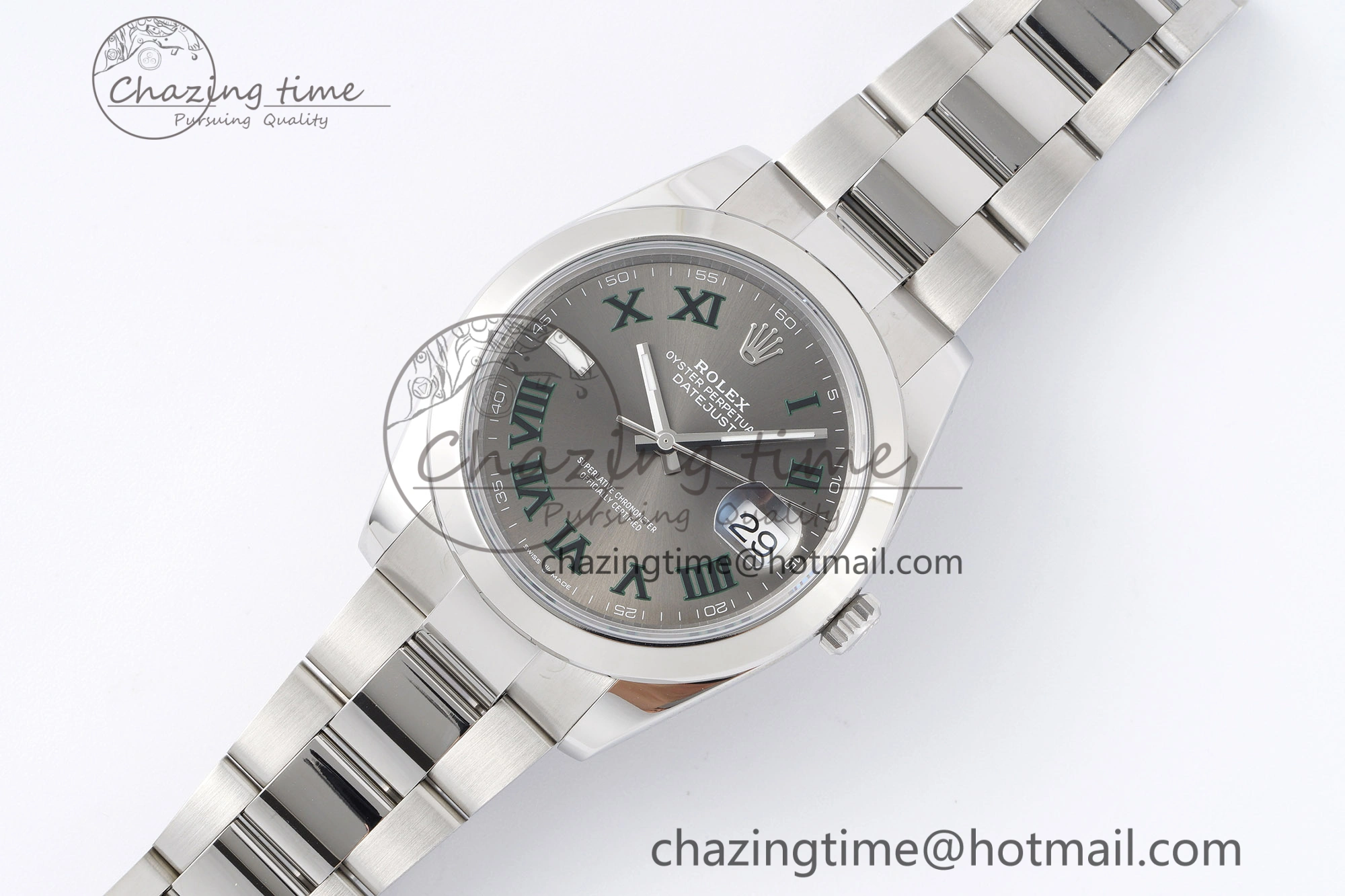 Sleek DateJust 41 SS Polished Bezel KING 1:1 Best Edition 904L Steel Gray Dial Green Roman on Oyster Bracelet VR 2163