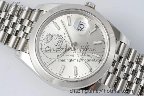 Sleek DateJust 41 SS Polished Bezel KING 1:1 Best Edition 904L Steel Silver Stick Dial on Jubilee Bracelet VR 2159