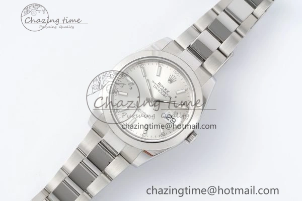 Sporty DateJust 41 SS Polished Bezel KING 1:1 Best Edition 904L Steel Silver Stick Dial on Oyster Bracelet VR 2167