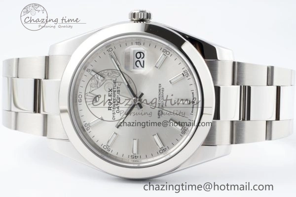Sporty DateJust 41 SS Polished Bezel KING 1:1 Best Edition 904L Steel Silver Stick Dial on Oyster Bracelet VR 2167