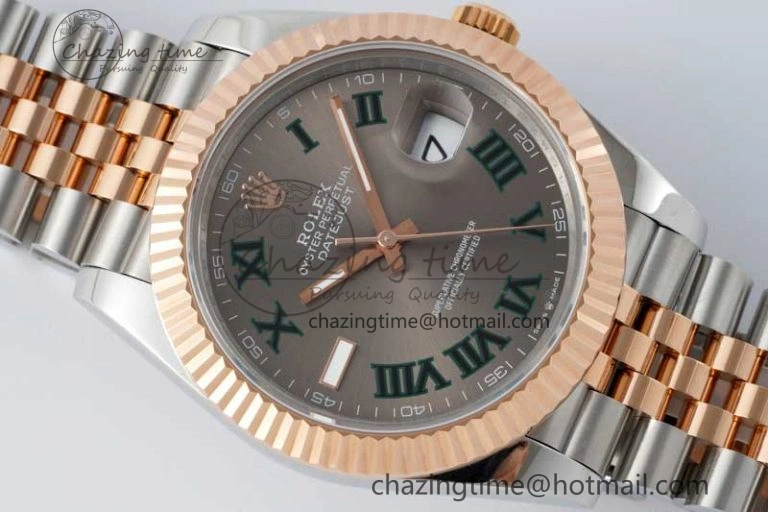 DateJust 41 SS RG JDF 1:1 Best Edition 904L Steel Gray Dial Green Roman on SS RG Jubilee Bracelet VR3235 V Unique 2110