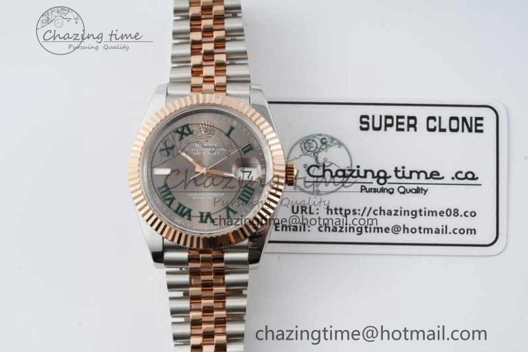 DateJust 41 SS RG JDF 1:1 Best Edition 904L Steel Gray Dial Green Roman on SS RG Jubilee Bracelet VR3235 V Unique 2110