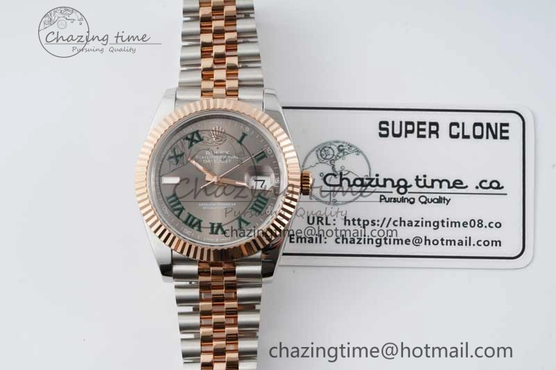 DateJust 41 SS RG JDF 1:1 Best Edition 904L Steel Gray Dial Green Roman on SS RG Jubilee Bracelet VR3235 V Unique 2110
