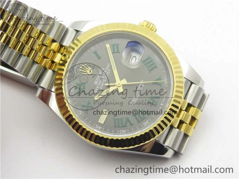 Breathable DateJust 41 SS YG 126333 Fluted Bezel DJF Best Edition 904L Steel Gray Dial Green Roman Markers on Jubilee Bracelet A 3194