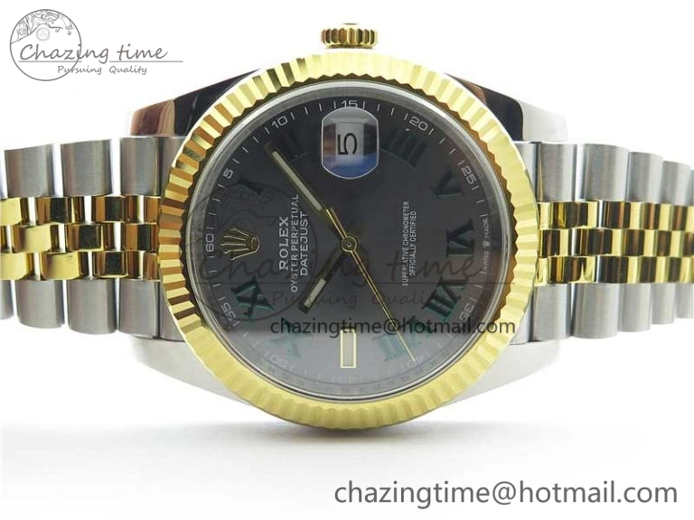 Breathable DateJust 41 SS YG 126333 Fluted Bezel DJF Best Edition 904L Steel Gray Dial Green Roman Markers on Jubilee Bracelet A 3194