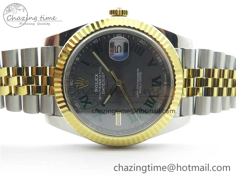 Breathable DateJust 41 SS YG 126333 Fluted Bezel DJF Best Edition 904L Steel Gray Dial Green Roman Markers on Jubilee Bracelet A 3194