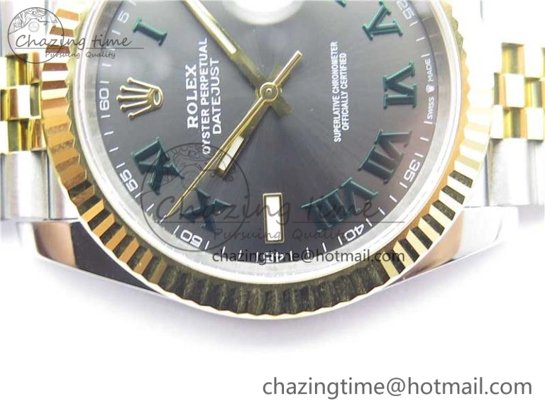 Breathable DateJust 41 SS YG 126333 Fluted Bezel DJF Best Edition 904L Steel Gray Dial Green Roman Markers on Jubilee Bracelet A 3194