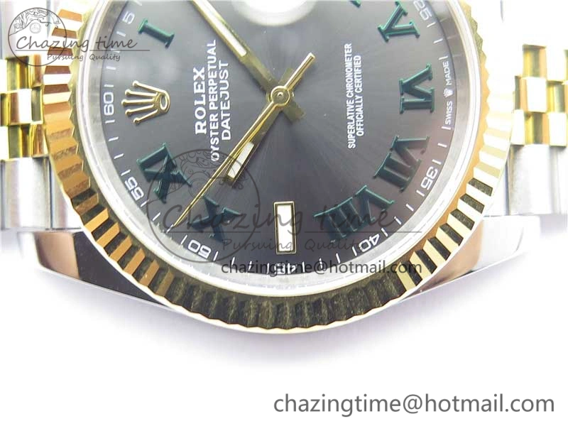 Breathable DateJust 41 SS YG 126333 Fluted Bezel DJF Best Edition 904L Steel Gray Dial Green Roman Markers on Jubilee Bracelet A 3194