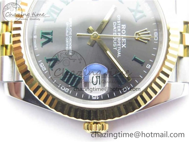 Breathable DateJust 41 SS YG 126333 Fluted Bezel DJF Best Edition 904L Steel Gray Dial Green Roman Markers on Jubilee Bracelet A 3194