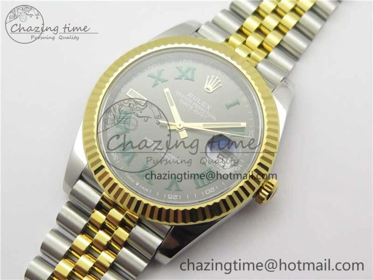 Breathable DateJust 41 SS YG 126333 Fluted Bezel DJF Best Edition 904L Steel Gray Dial Green Roman Markers on Jubilee Bracelet A 3194