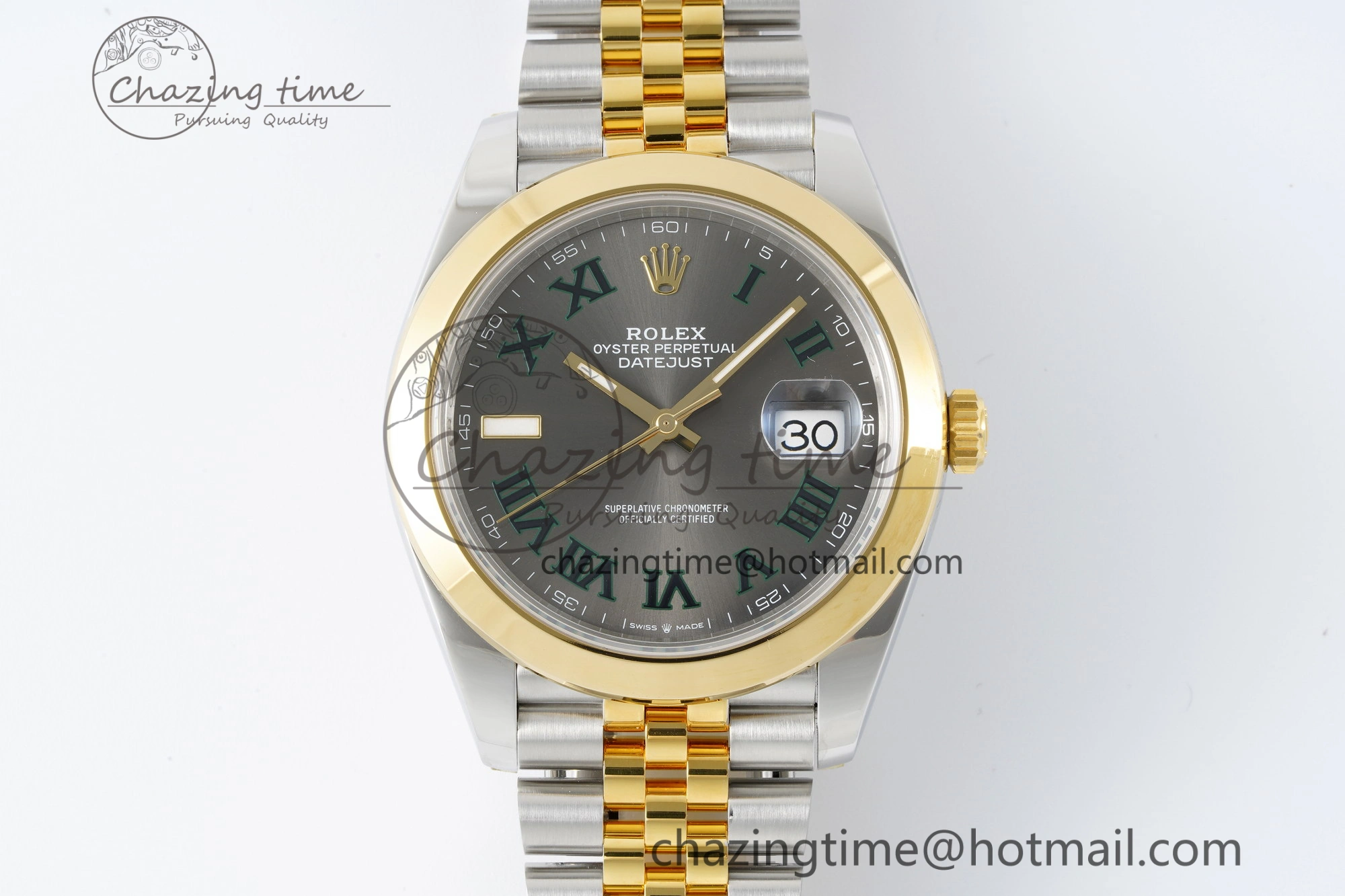 DateJust 41 SS YG Polished Bezel KING 1:1 Best Edition 904L Steel Gray Dial Green Roman on Jubilee Bracelet VR OnTrend 2225