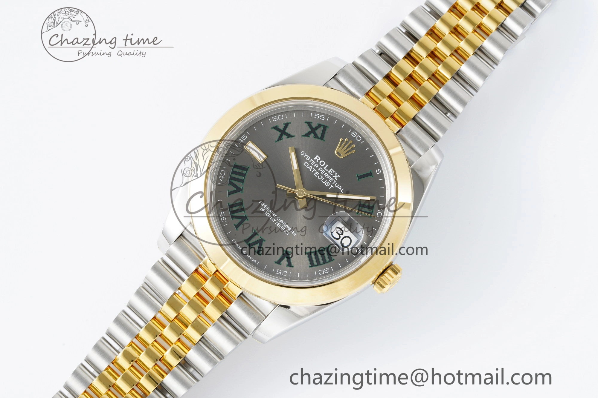 DateJust 41 SS YG Polished Bezel KING 1:1 Best Edition 904L Steel Gray Dial Green Roman on Jubilee Bracelet VR OnTrend 2225