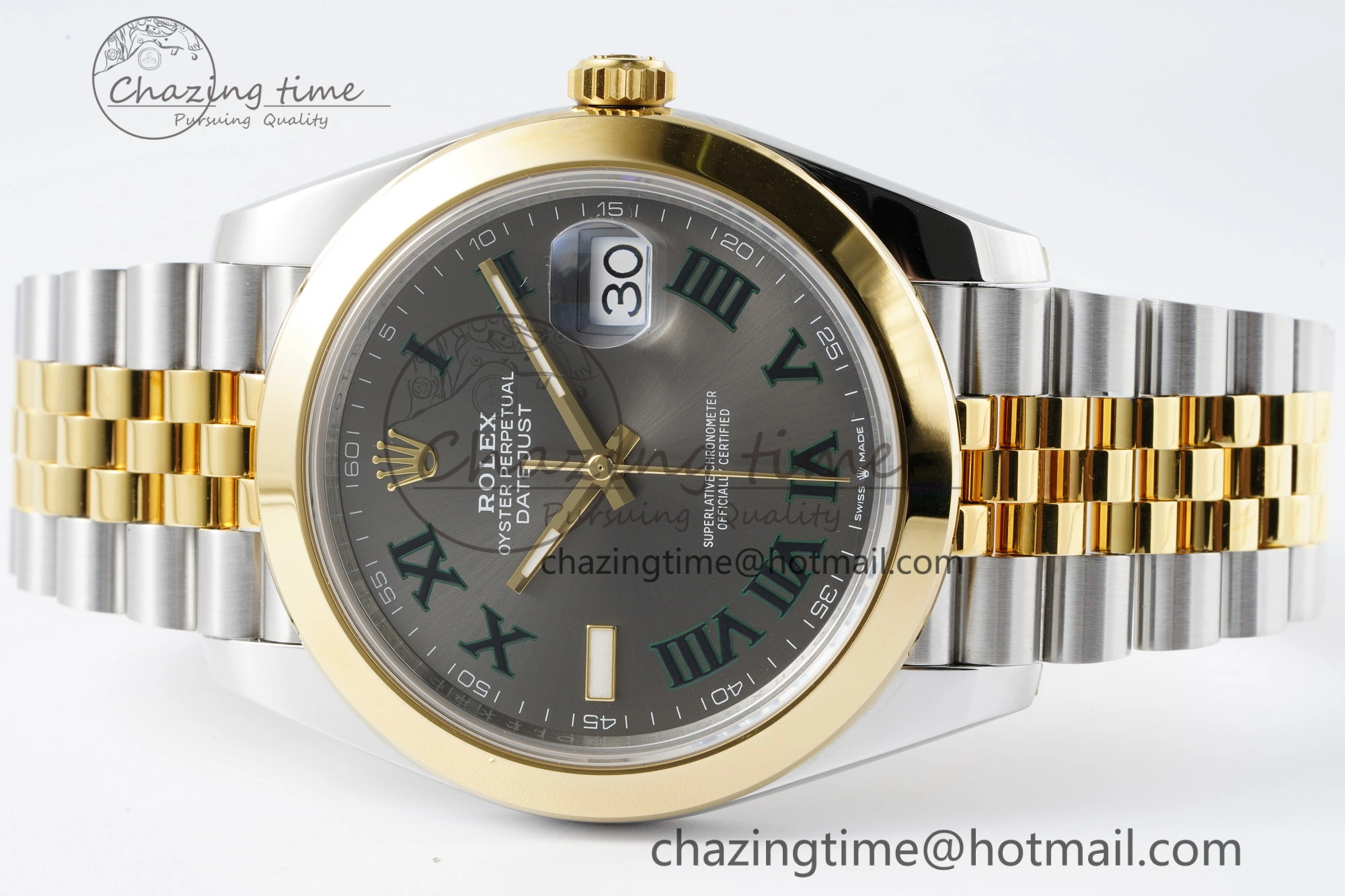 DateJust 41 SS YG Polished Bezel KING 1:1 Best Edition 904L Steel Gray Dial Green Roman on Jubilee Bracelet VR OnTrend 2225