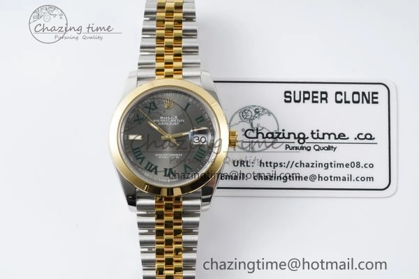 DateJust 41 SS YG Polished Bezel KING 1:1 Best Edition 904L Steel Gray Dial Green Roman on Jubilee Bracelet VR OnTrend 2225