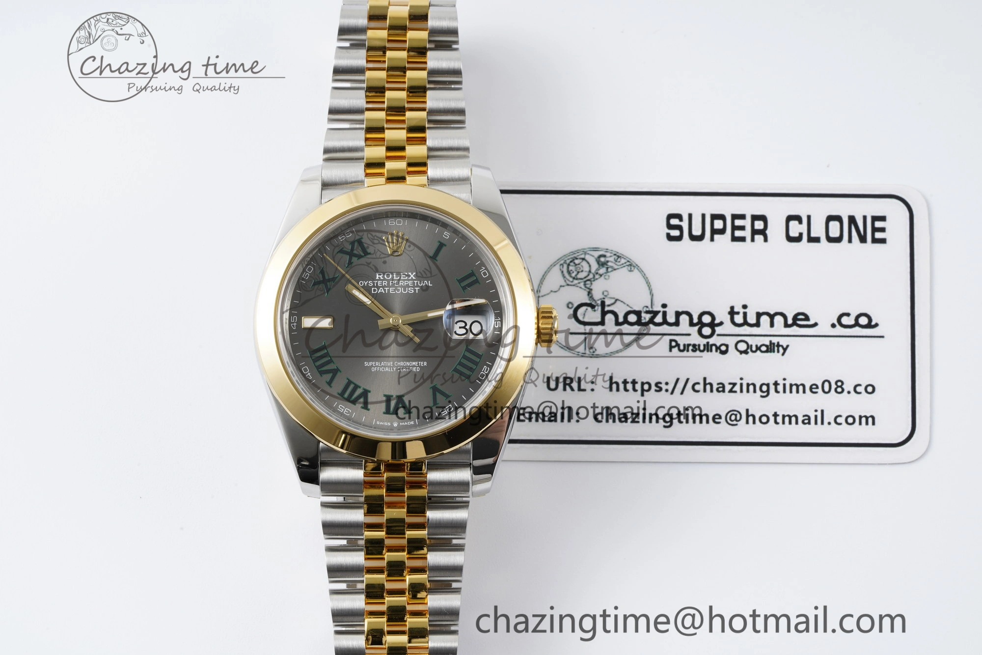 DateJust 41 SS YG Polished Bezel KING 1:1 Best Edition 904L Steel Gray Dial Green Roman on Jubilee Bracelet VR OnTrend 2225