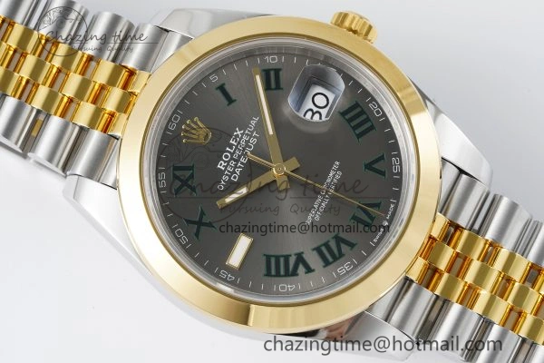 DateJust 41 SS YG Polished Bezel KING 1:1 Best Edition 904L Steel Gray Dial Green Roman on Jubilee Bracelet VR OnTrend 2225