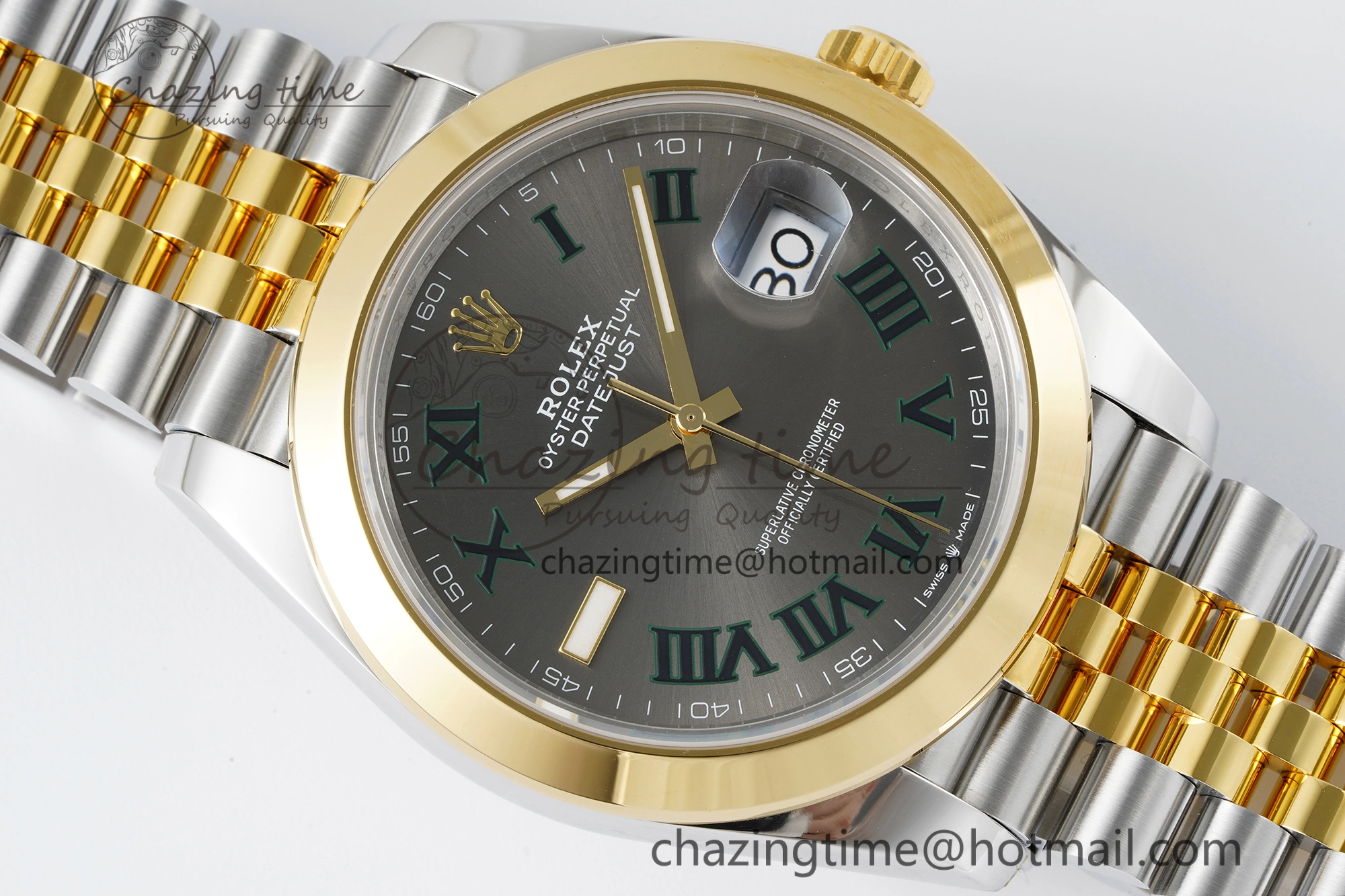 DateJust 41 SS YG Polished Bezel KING 1:1 Best Edition 904L Steel Gray Dial Green Roman on Jubilee Bracelet VR OnTrend 2225