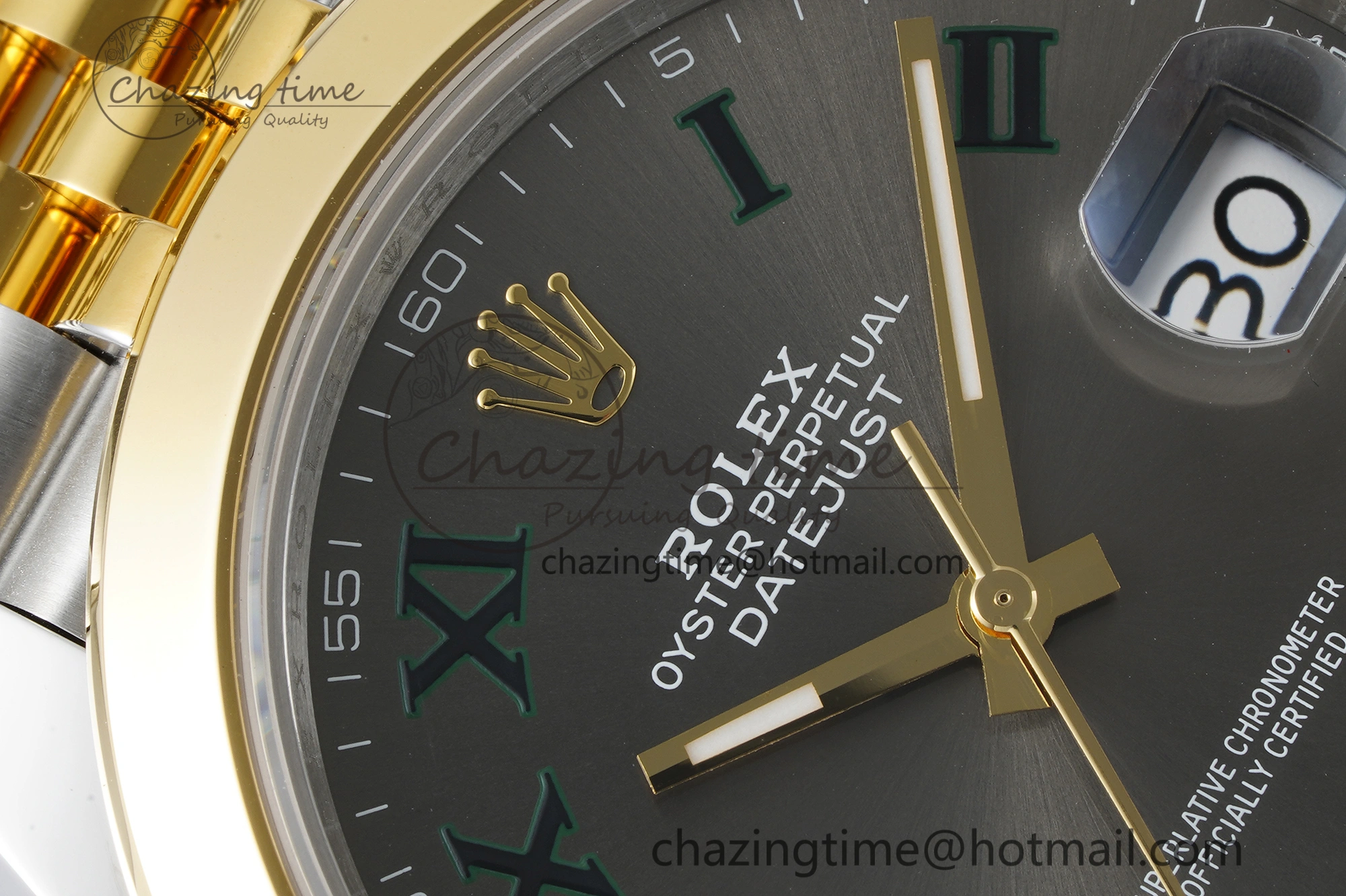 DateJust 41 SS YG Polished Bezel KING 1:1 Best Edition 904L Steel Gray Dial Green Roman on Jubilee Bracelet VR OnTrend 2225
