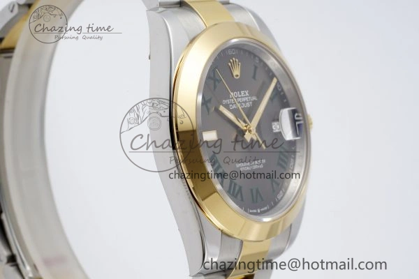 MultiPurpose DateJust 41 SS YG Polished Bezel KING 1:1 Best Edition 904L Steel Gray Dial Green Roman on Oyster Bracelet VR 2230
