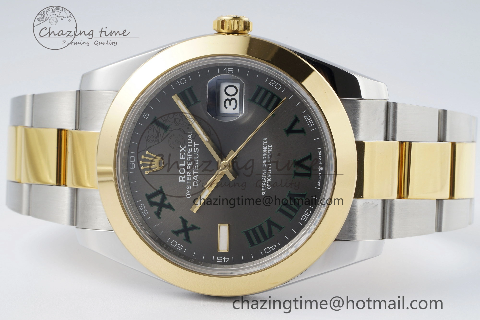 MultiPurpose DateJust 41 SS YG Polished Bezel KING 1:1 Best Edition 904L Steel Gray Dial Green Roman on Oyster Bracelet VR 2230