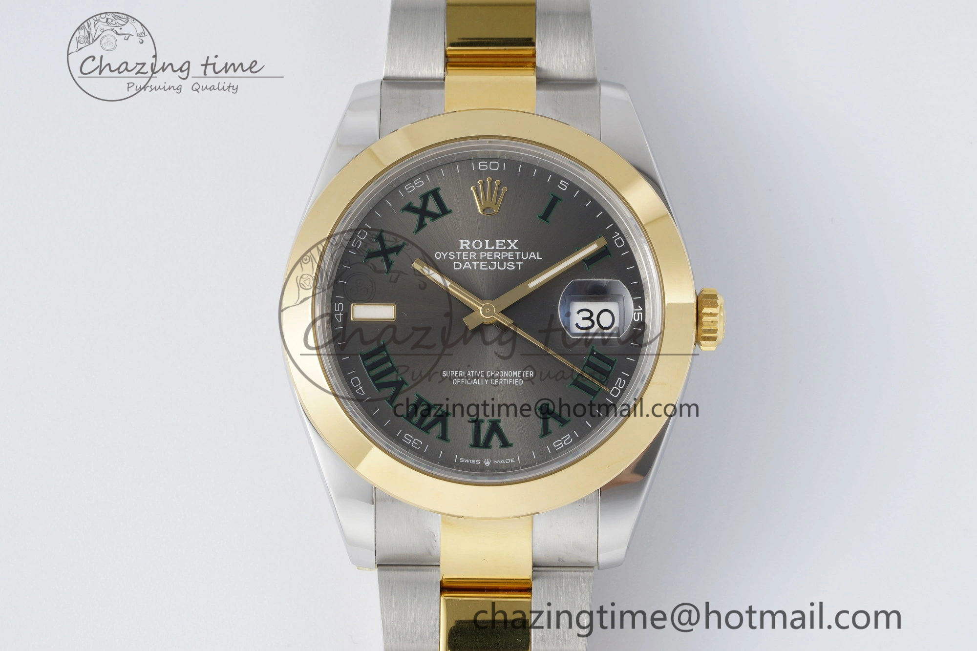 MultiPurpose DateJust 41 SS YG Polished Bezel KING 1:1 Best Edition 904L Steel Gray Dial Green Roman on Oyster Bracelet VR 2230