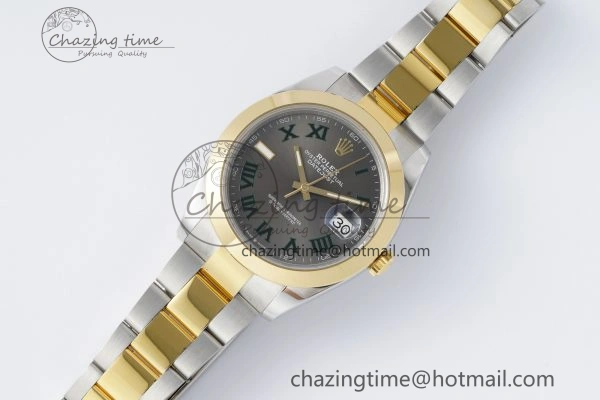 MultiPurpose DateJust 41 SS YG Polished Bezel KING 1:1 Best Edition 904L Steel Gray Dial Green Roman on Oyster Bracelet VR 2230