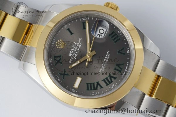 MultiPurpose DateJust 41 SS YG Polished Bezel KING 1:1 Best Edition 904L Steel Gray Dial Green Roman on Oyster Bracelet VR 2230