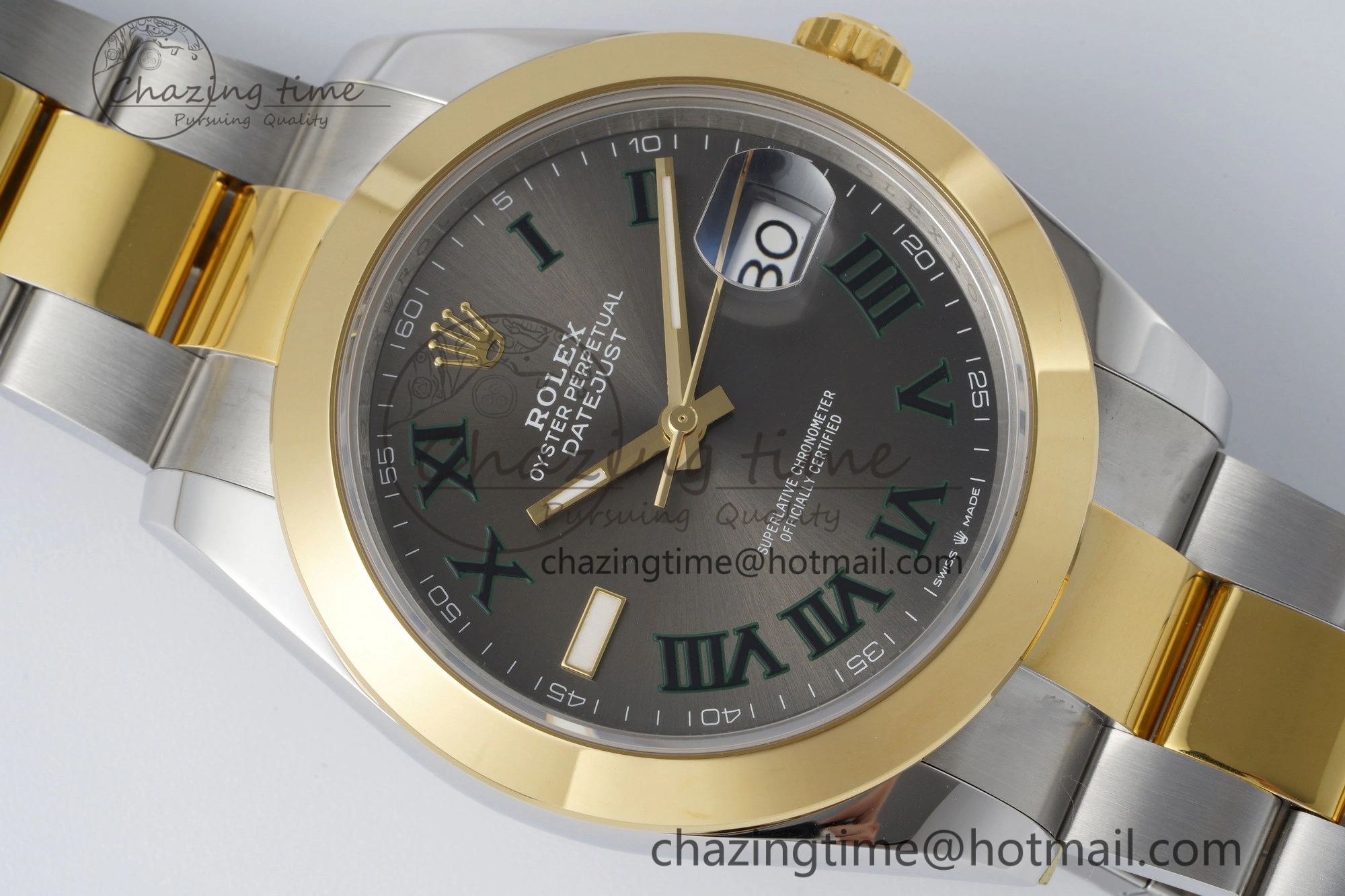 MultiPurpose DateJust 41 SS YG Polished Bezel KING 1:1 Best Edition 904L Steel Gray Dial Green Roman on Oyster Bracelet VR 2230