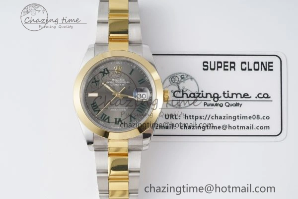 MultiPurpose DateJust 41 SS YG Polished Bezel KING 1:1 Best Edition 904L Steel Gray Dial Green Roman on Oyster Bracelet VR 2230