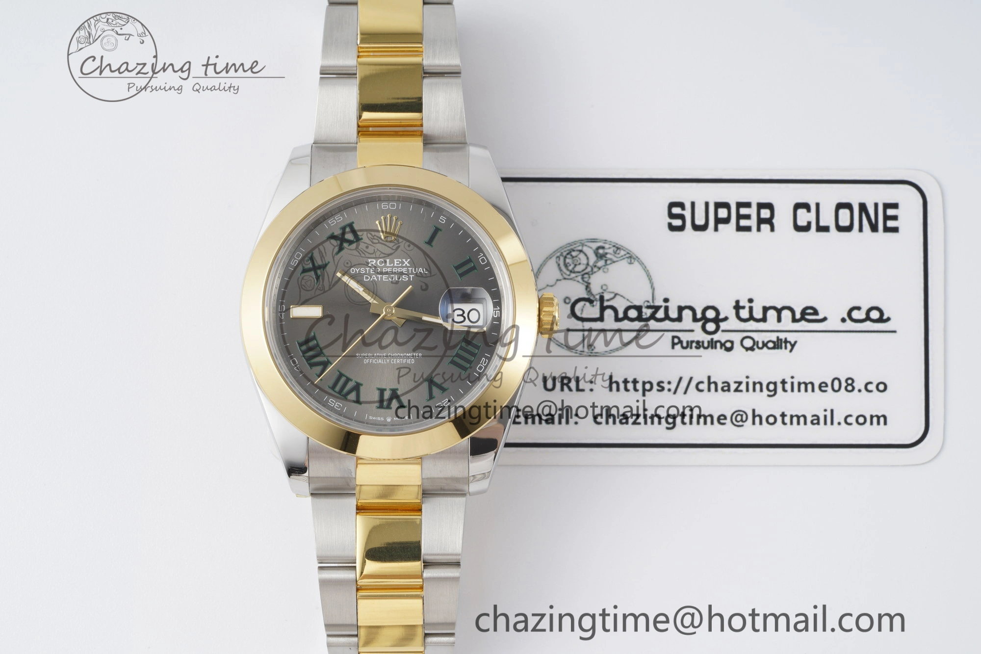 MultiPurpose DateJust 41 SS YG Polished Bezel KING 1:1 Best Edition 904L Steel Gray Dial Green Roman on Oyster Bracelet VR 2230