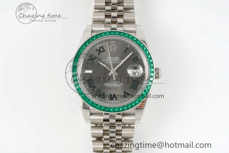 DateJust 41mm DIWF 1:1 Best Edition 904L Steel Green Diamonds Bezel Gray Dial Arabic Marker on Jubilee Bracelet SA Breathable 2334