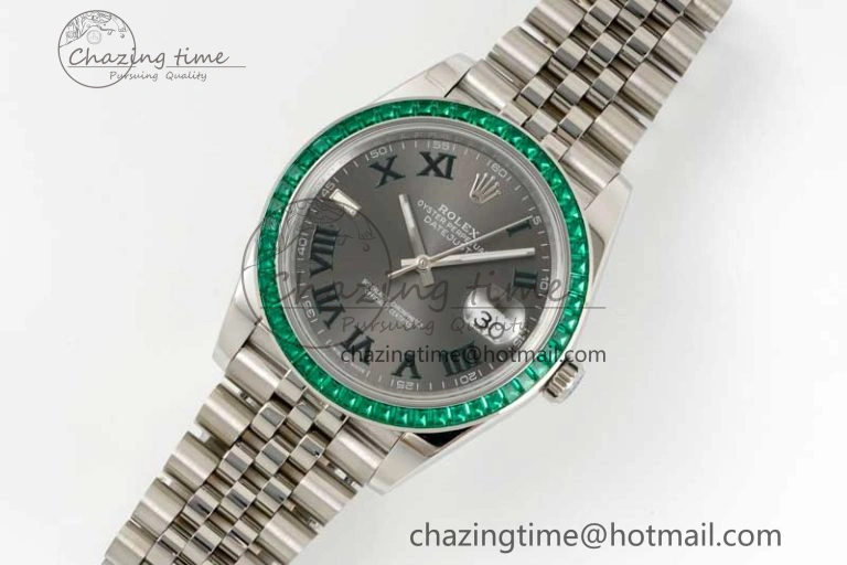 DateJust 41mm DIWF 1:1 Best Edition 904L Steel Green Diamonds Bezel Gray Dial Arabic Marker on Jubilee Bracelet SA Breathable 2334