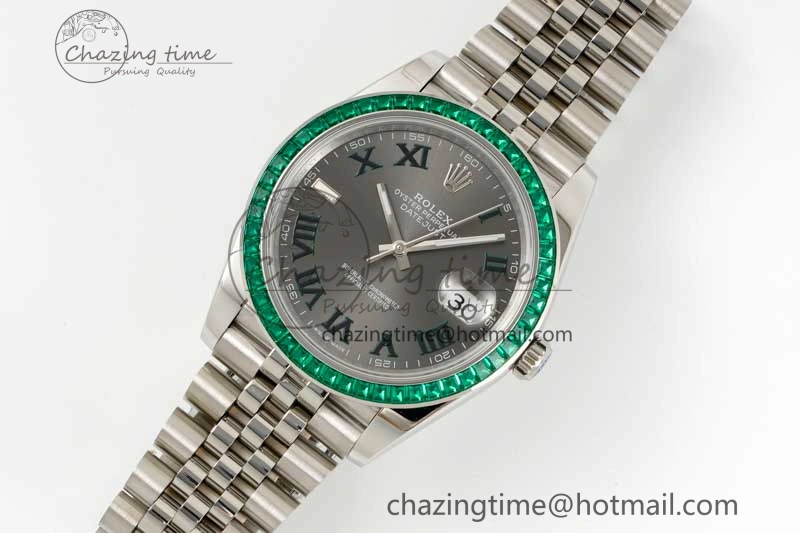 DateJust 41mm DIWF 1:1 Best Edition 904L Steel Green Diamonds Bezel Gray Dial Arabic Marker on Jubilee Bracelet SA Breathable 2334