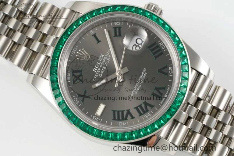 DateJust 41mm DIWF 1:1 Best Edition 904L Steel Green Diamonds Bezel Gray Dial Arabic Marker on Jubilee Bracelet SA Breathable 2334