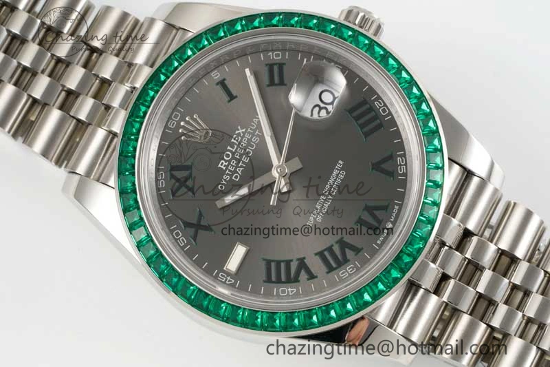 DateJust 41mm DIWF 1:1 Best Edition 904L Steel Green Diamonds Bezel Gray Dial Arabic Marker on Jubilee Bracelet SA Breathable 2334